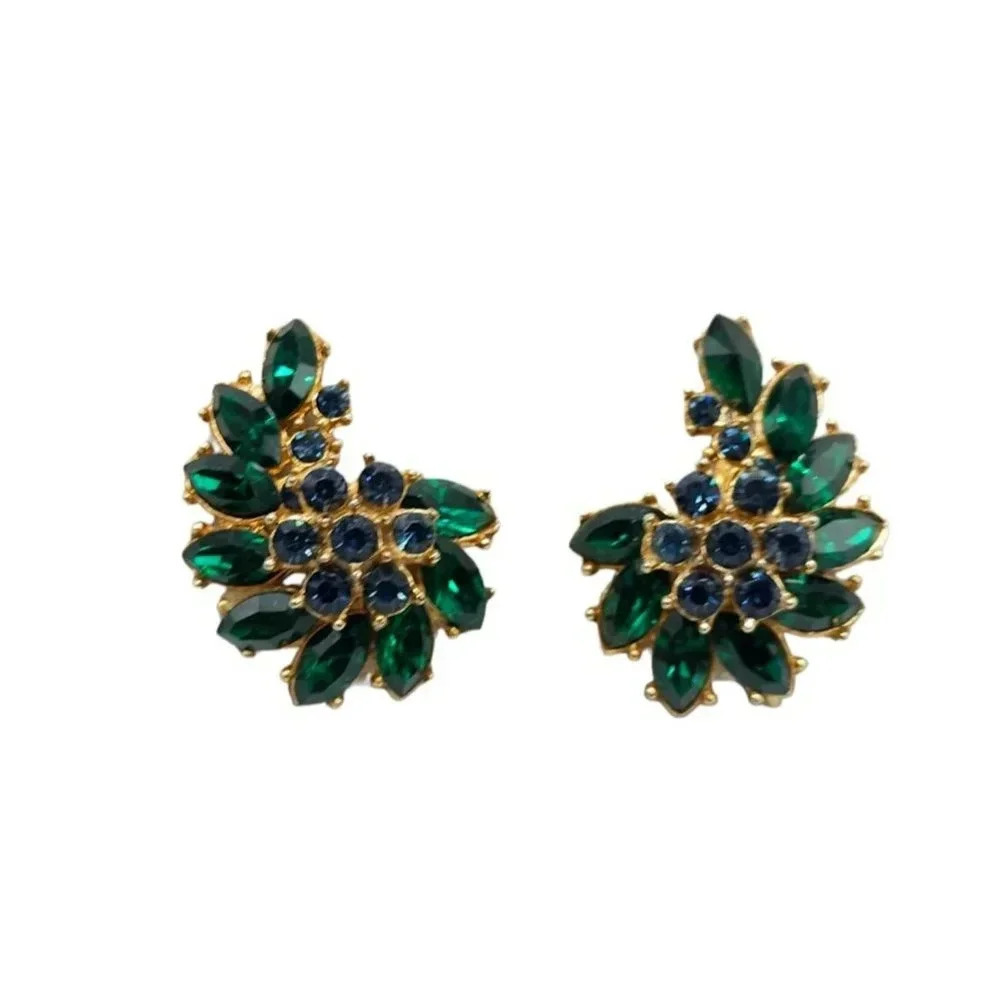 Trifari Marquise Green Blue Rhinestone Flower Clip Earrings Gold Tone Vintage
